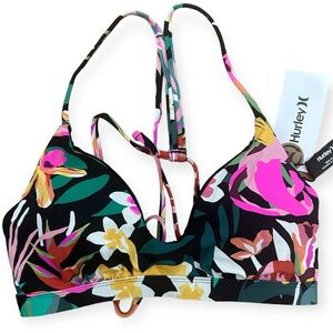 Hurley Women's Floral Adjustable Swim Top - Black and Multicolor